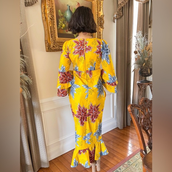 Handmade African Print Ankara Yellow Ruffle Sleeve Cinched Waist Maxi Dress - Picture 6 of 6